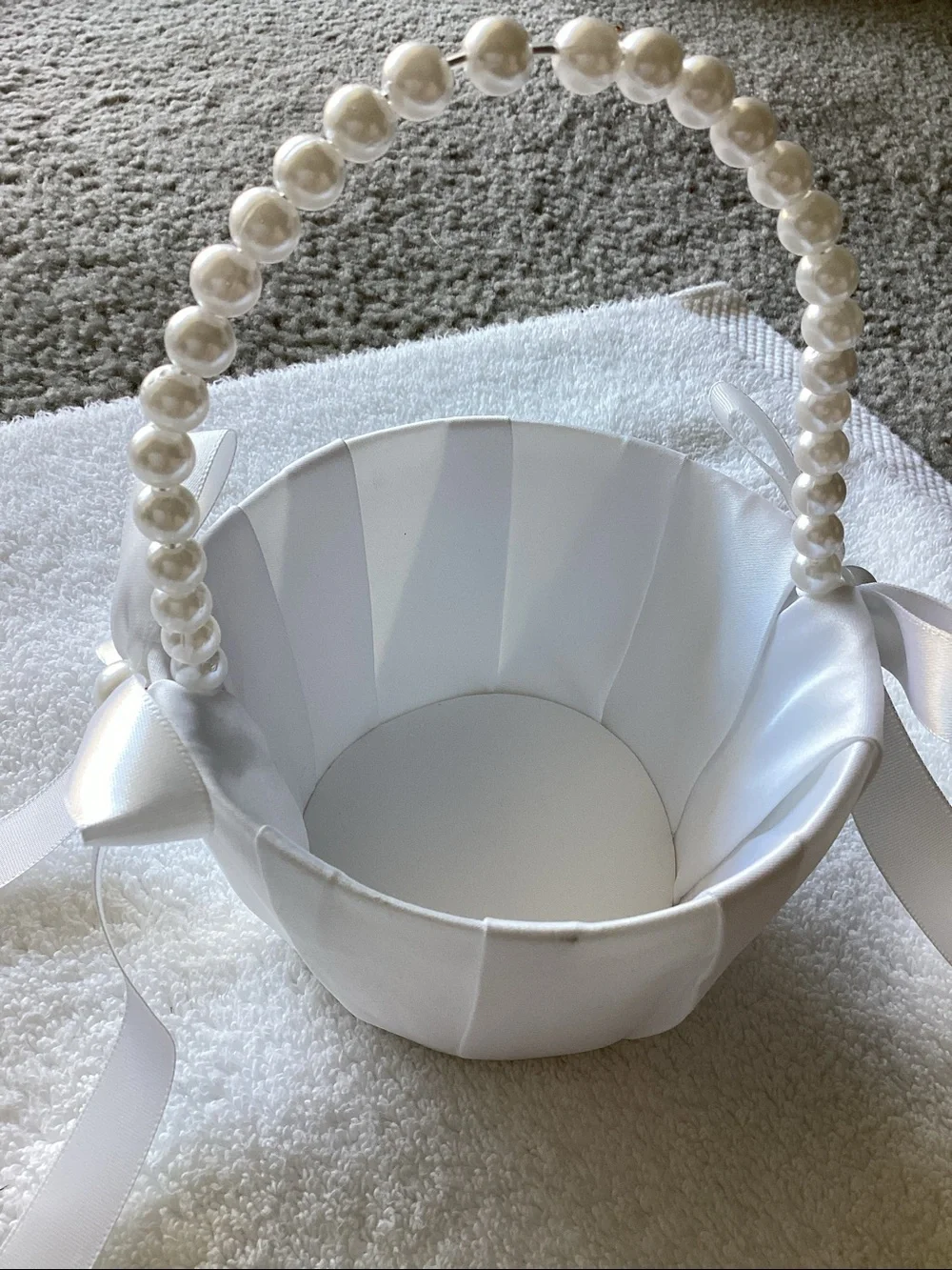 Classic White Satin Flower Girl Basket with Pearl Handle